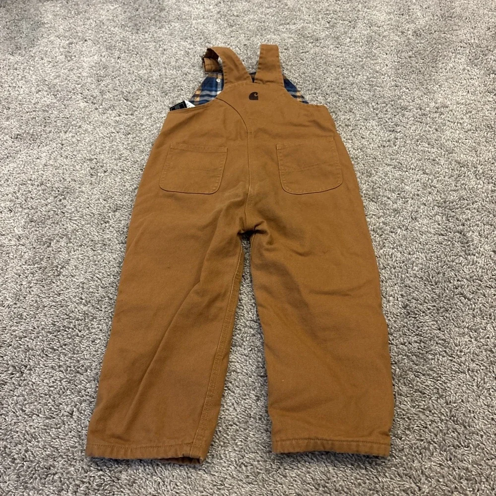 Carhartt Brown Camel Bib Overalls Plaid Flannel Lined Double Knee - Size 3T